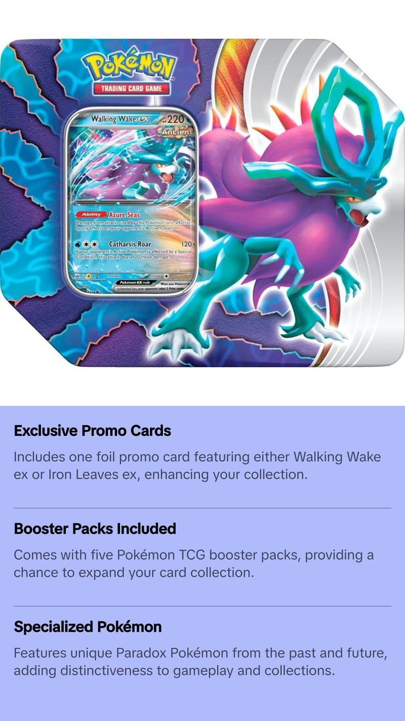 Pokemon Paradox Clash Tin (Set of 2: Walking Wake ex & Iron Leaves ex)