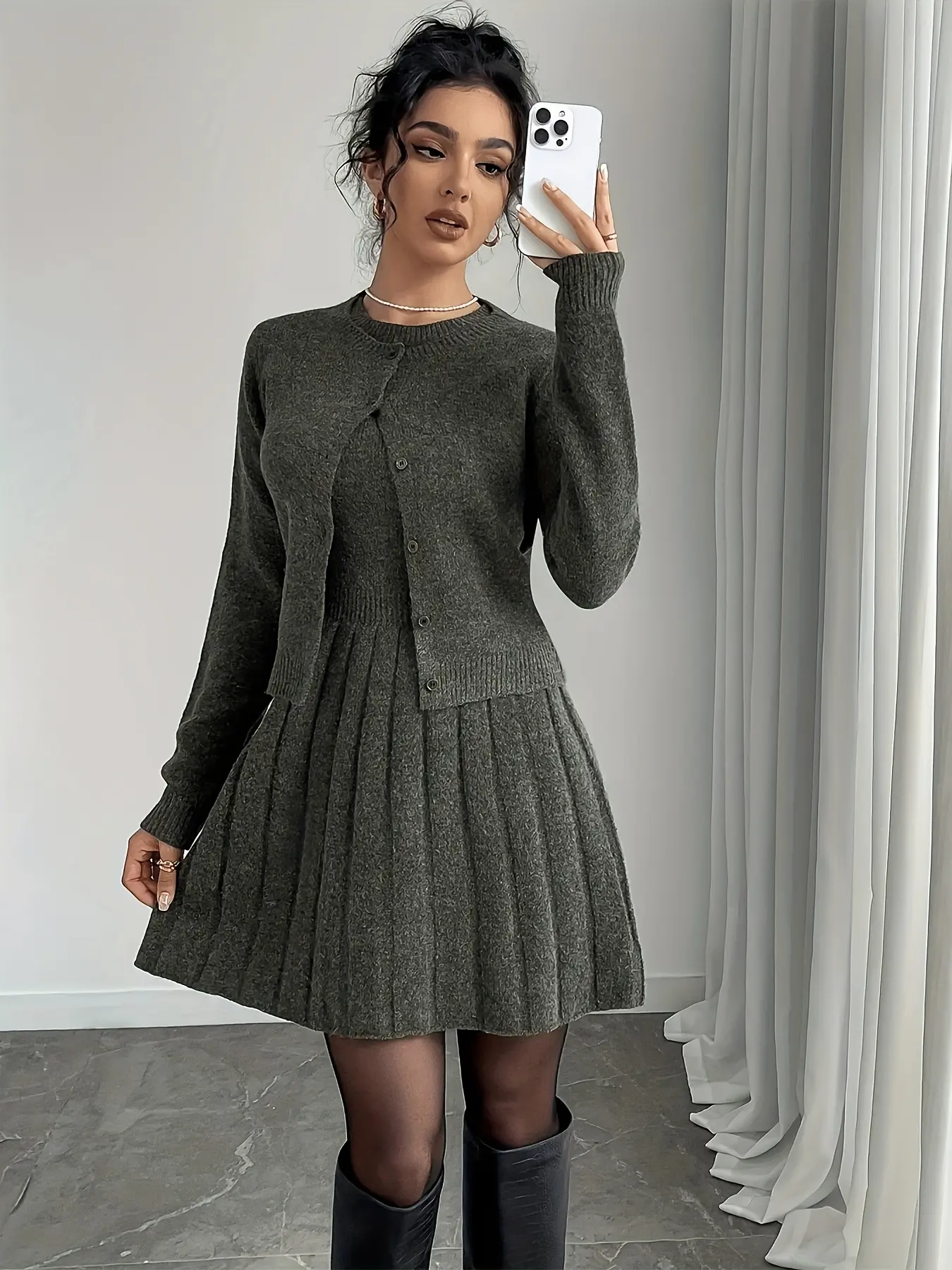 Women's 2 Piece Ribbed Knit Sweater Set, Casual Long Sleeve Button Down Cardigan & Pleated Mini Skirt, Elegant Fall Winter Outfits, Knitwear Sets for Women, Clothes, Womenswear, Lady