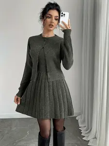 Women's 2 Piece Ribbed Knit Sweater Set, Casual Long Sleeve Button Down Cardigan & Pleated Mini Skirt, Elegant Fall Winter Outfits, Knitwear Sets for Women, Clothes, Womenswear, Lady