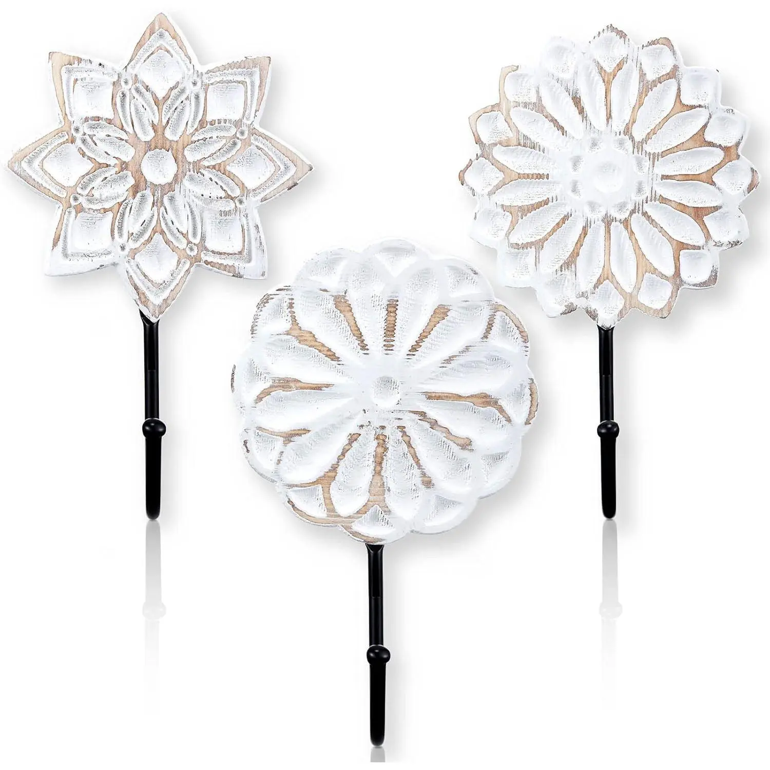 3 count Decorative  Farmhouse Flower Coat Hooks, Distressed  Wall Hooks with Screws, White Decoration for Key Towel(Classic)