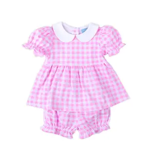 Riley Gingham Knit Bloomer Set Pink - Soft Knit Girls 2Pc Outfit