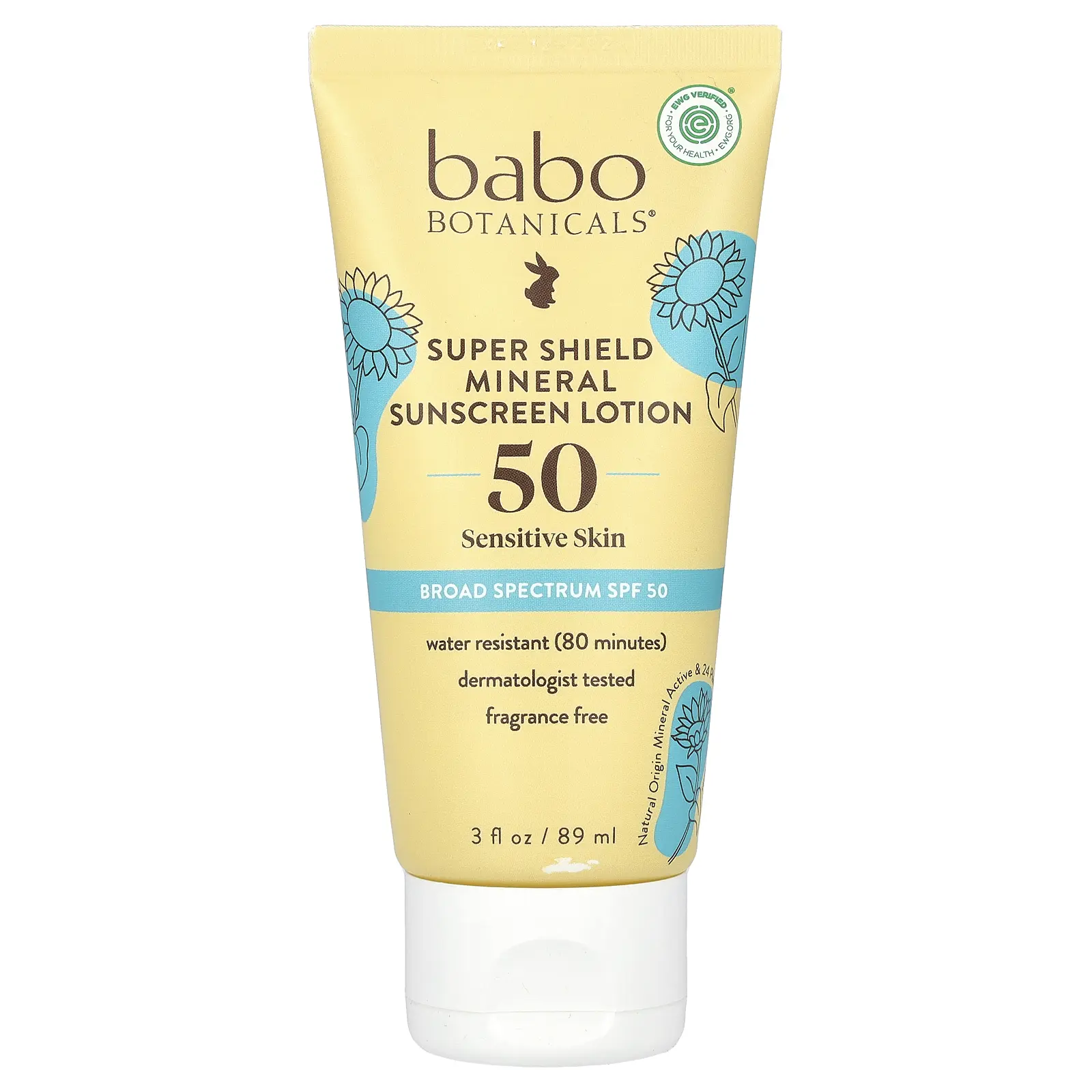 Babo Botanicals Super Shield Mineral Sunscreen Lotion, SPF 50, Fragrance Free, 3 fl oz (89 ml) | HSA/FSA Eligible
