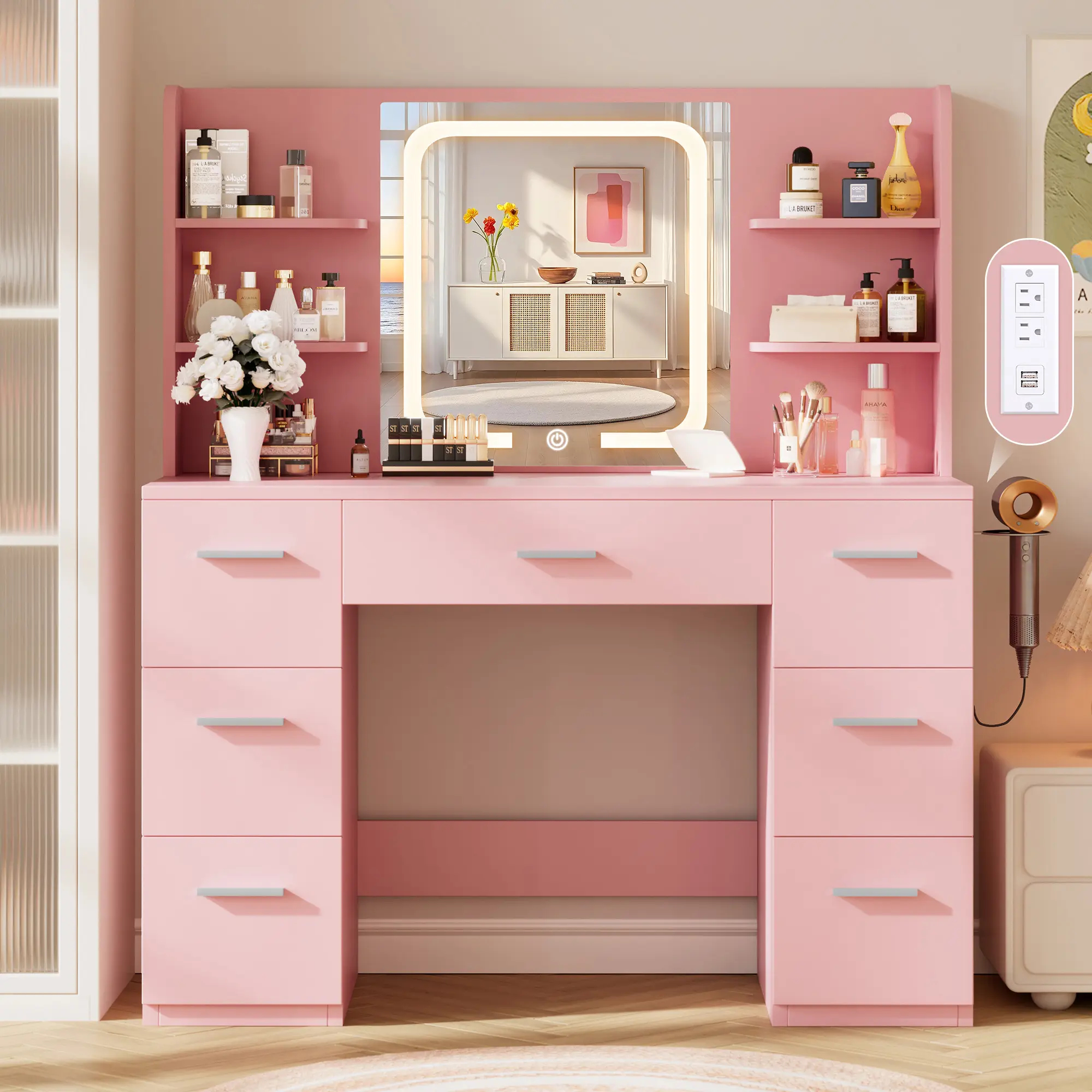 Large Symmetrical LED Dressing Table - Pink