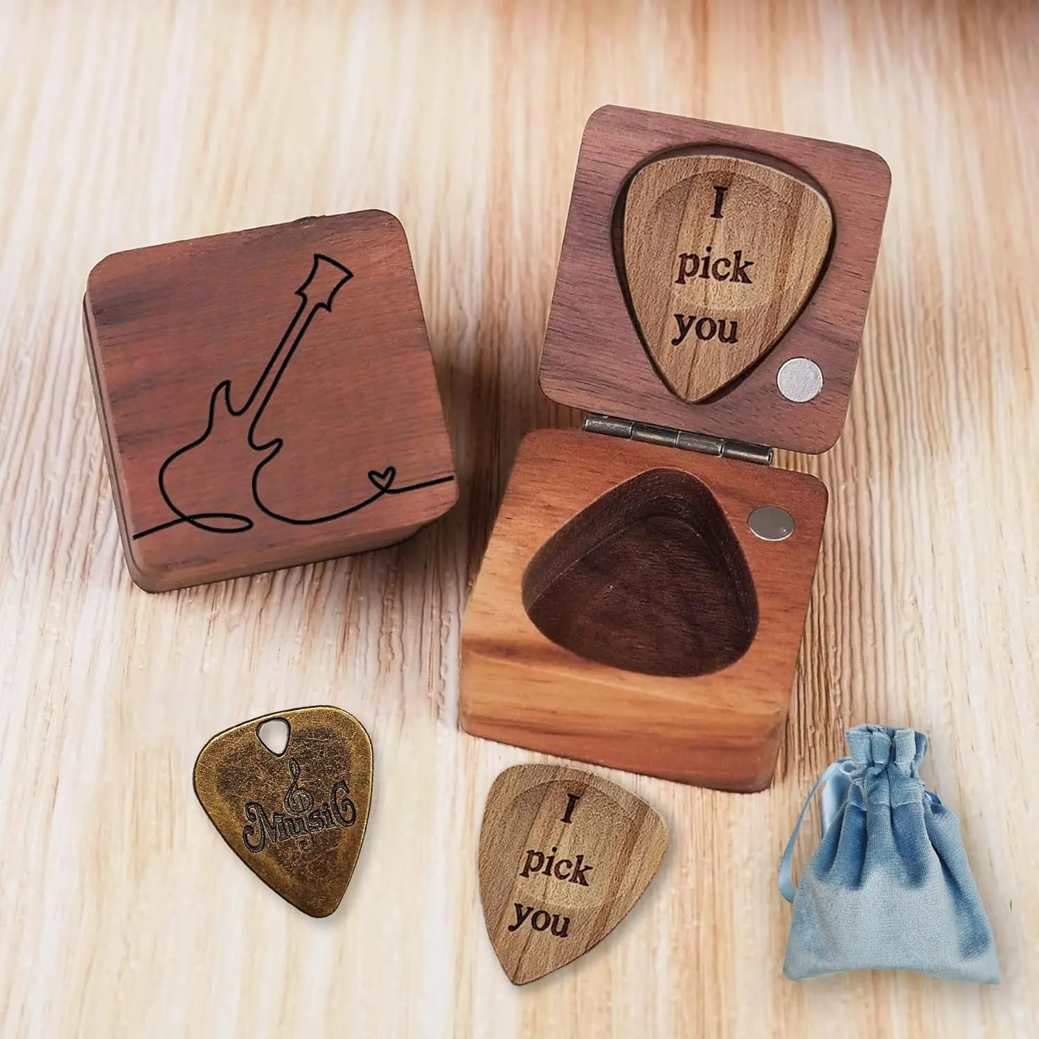 Guitar Picks Holder, Wooden and Metal Guitar Picks, Guitar Picks for Electric Acoustic Bass Ukulele,  for Him, , Son, Husband, Boyfriend, Coworker, Birthday, Christmas, Retirment