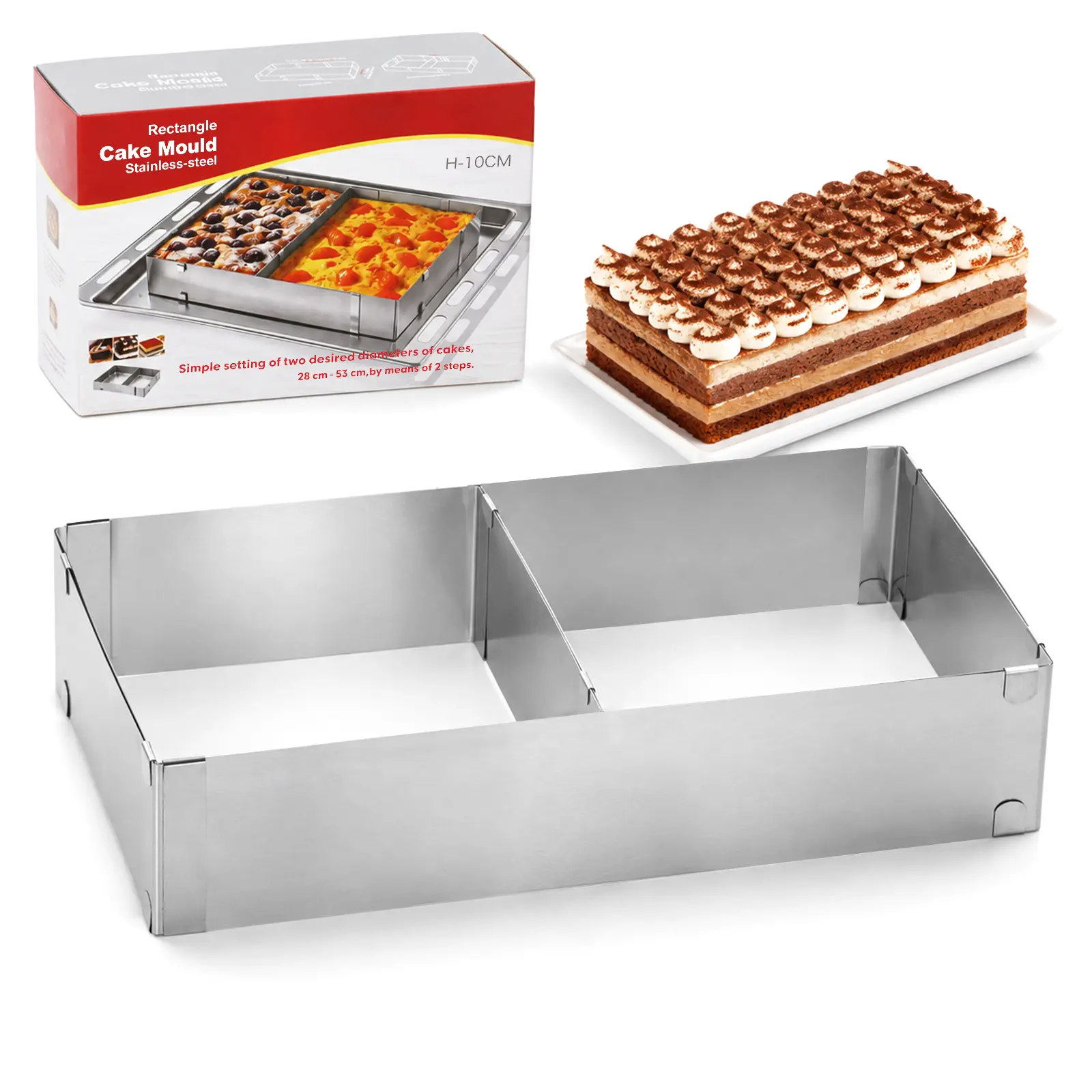 Stainless Steel Adjustable Rectangular Cake Ring - Variable Capacity Retractable Mousse Cake Mould for Tiramisu, Baking Pastries, Rectangular Shape