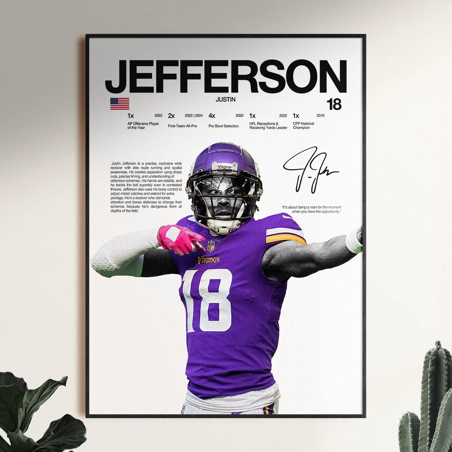 Justin Jefferson Poster, Football Wall Print, Sports Room Decor, Gift for Fans (Unframed)