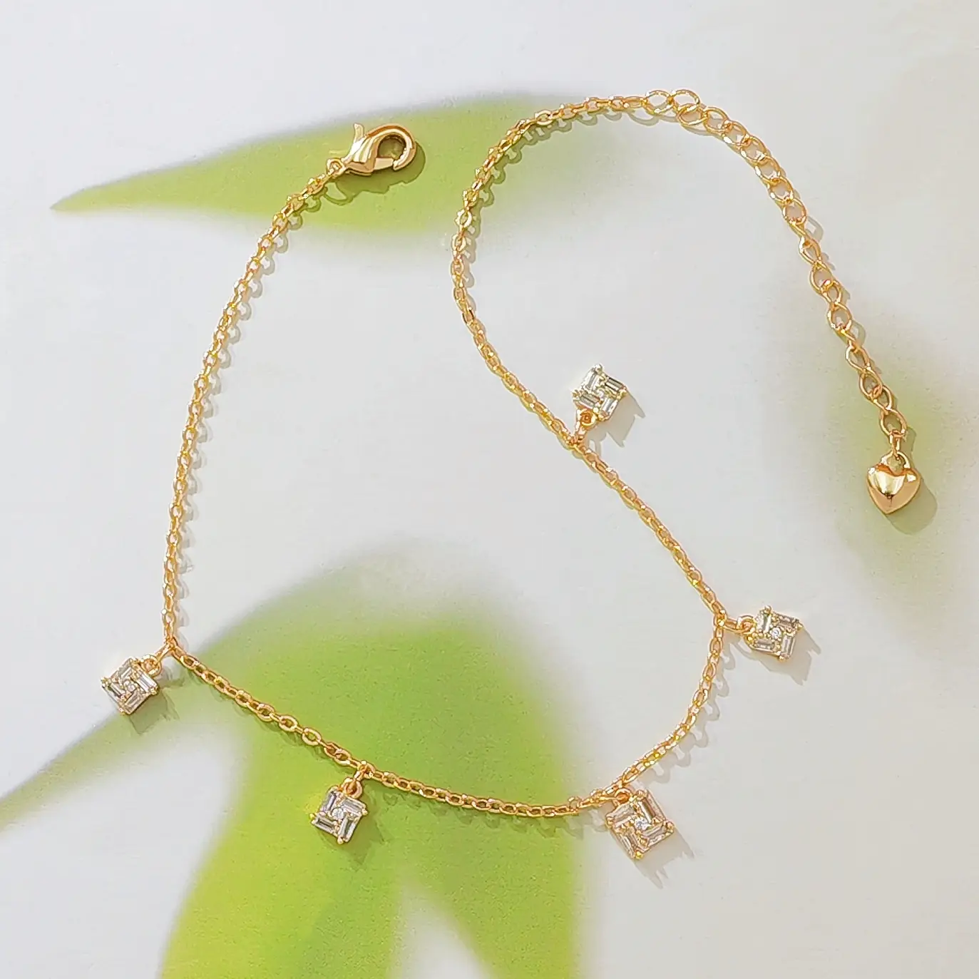 Rose Gold Plated Ankle Bracelet for Women, Adjustable Dainty Chain with 5pcs Square Cut Cubic Zirconia Charms, Delicate Anklet, Everyday Summer Beach Jewelry Gift for Her