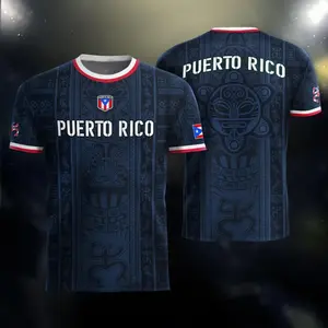 Puerto Rico Soccer Jersey 2026 Navy 3D Taino Tribal Mask Back Print Unisex Fan Shirt Red White Stripe Cuff Streetwear Casual Oversized Tee Fall Winter Spring Sport