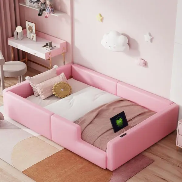 [Bellemave]Twin Size Upholstered Platform Bed with Guardrail and Charging Station