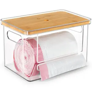 Stackable Trash Bag Dispenser with Wooden Top for Holding 13/30/33-Gallon Large Bag Sizes – Extra-Large Garbage Bag Holder with Anti-Slip Base, Trash Bag Dispenser Under Sink (11.5"x7.5"x7" inches)