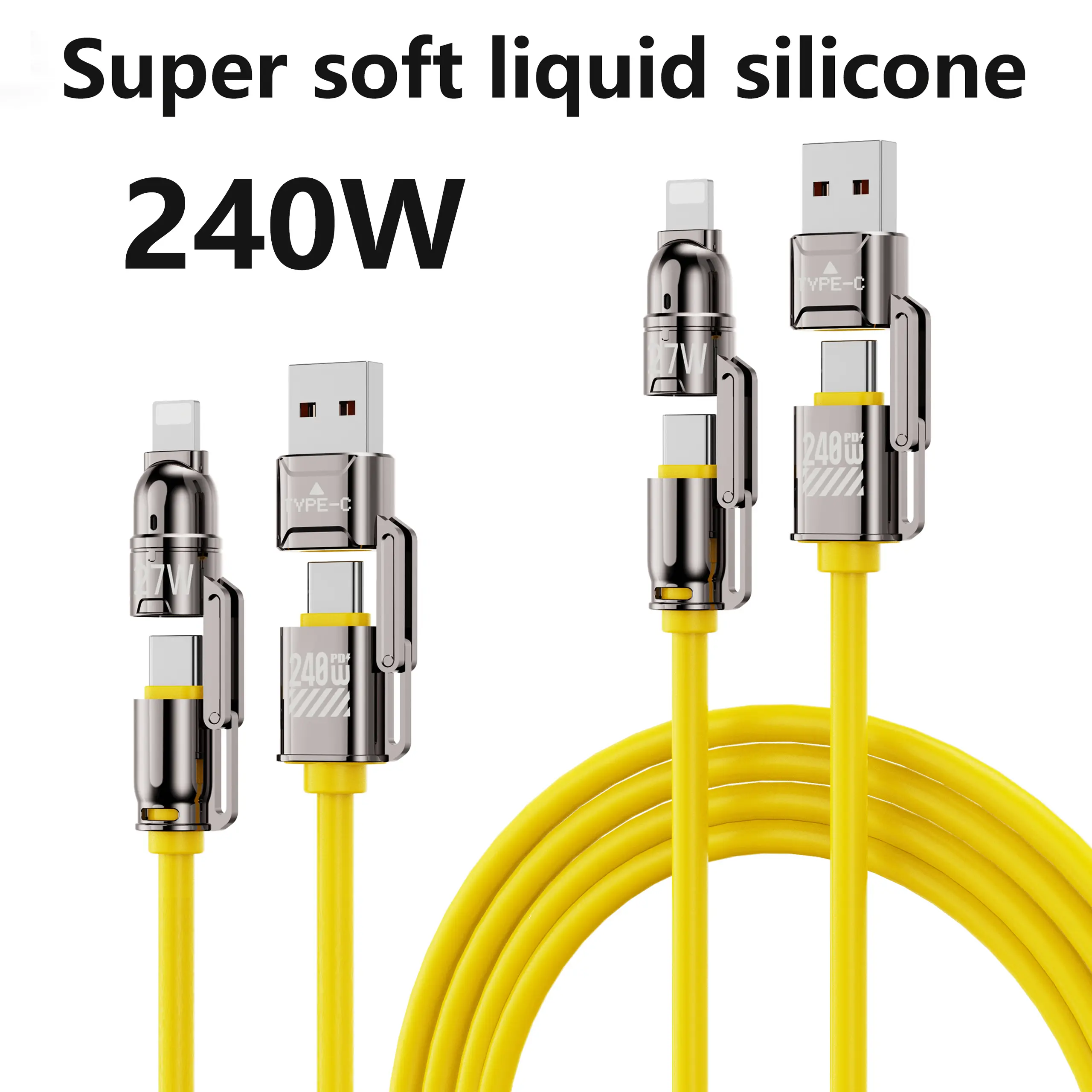 240W Fast Charging Set with Super Soft Liquid Silicone 3.9FT 4-in-1 USB A+Type C Port Cable, Aluminium Digital Metal Alloy Charger for Phones, Tablets with Lightning Compatibility & Protection