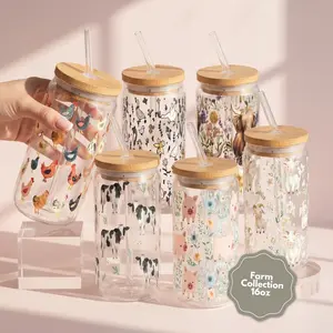 Farm Collection 2025 Glass Tumbler with Lid & Plastic and Glass Straws, Reusable Iced Coffee Drinkware