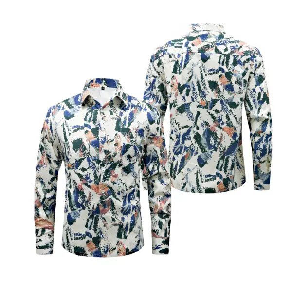 Men’s long-sleeve shirt with abstract print, casual artistic style, touch graffiti pattern, turn-down collar with single-breasted design, loose and comfortable fit—ideal for everyday beach wear.