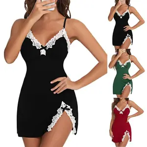 Women's Comfortable Sleepwear Set Chemise Lace Robe Bodysuit Black Sleeveless Spaghetti Strap Loungewear Womenswear