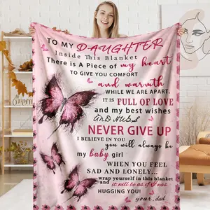 To My Daughter From Dad Butterfly Love Letter Flannel Blanket, 1 Count Soft Comfortable Warm Throw, Air-conditioned Room Warm Nap Blanket for Home Office Travel Daughter Gift 50"x60"