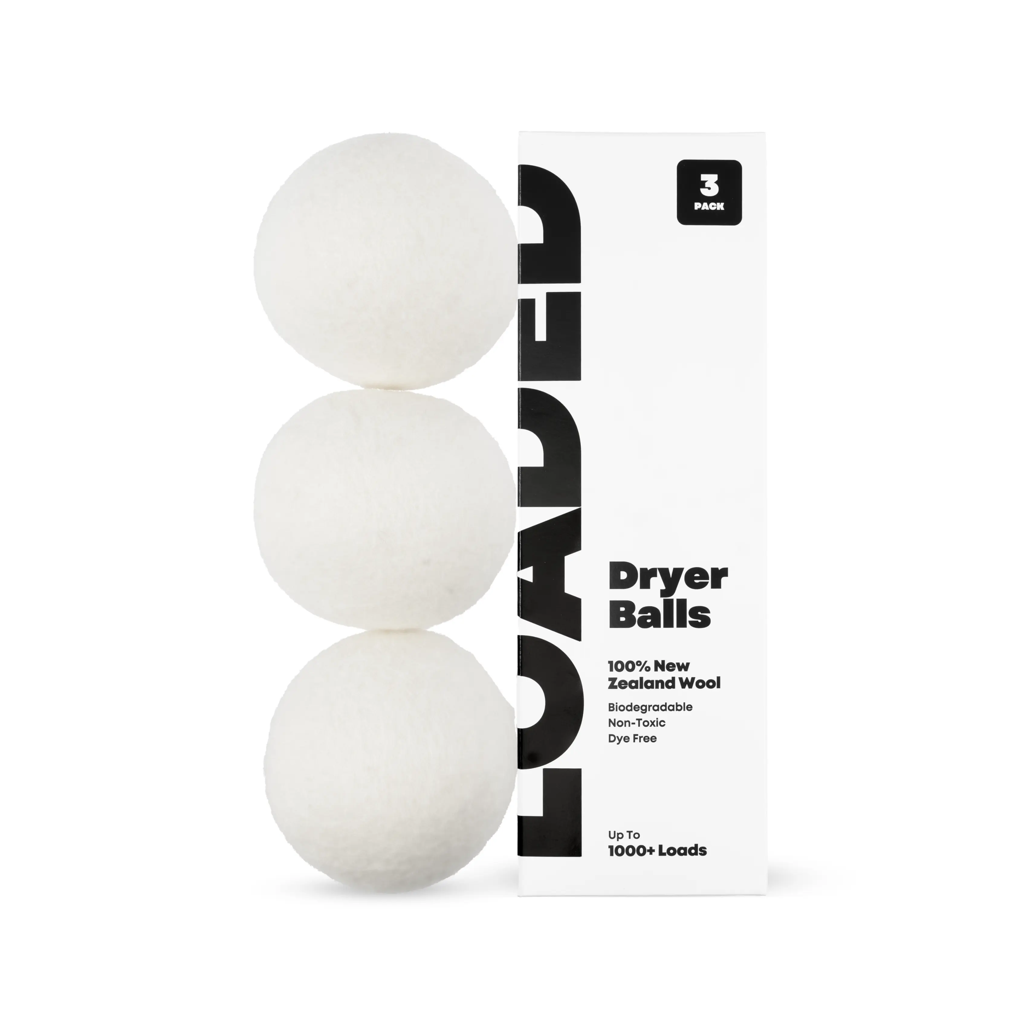 Loaded Dryer Balls - 3 Pack 100% New Zealand Wool - Biodegradable, Non-Toxic, Dye Free - 1000+ Loads
