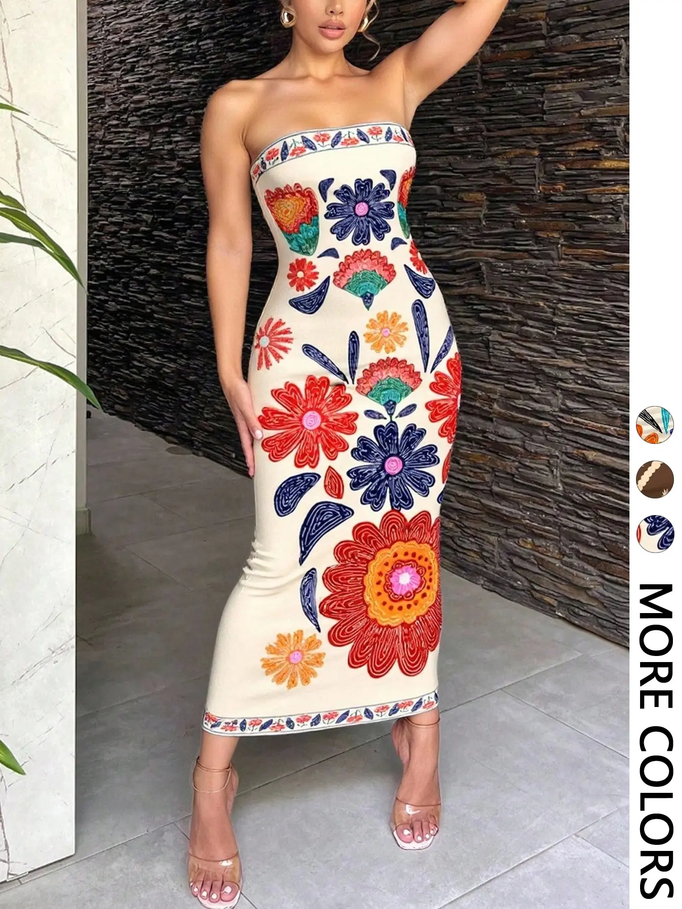 Women's 1 Piece Summer Boho Floral Print Strapless Midi Dress, Colorful Sleeveless Bodycon Dress, Summer Vacation Outfit