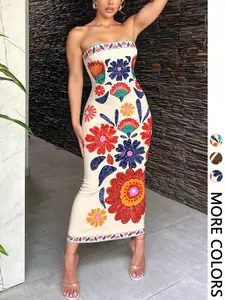 Women's 1 Piece Summer Boho Floral Print Strapless Midi Dress, Colorful Sleeveless Bodycon Dress, Summer Vacation Outfit