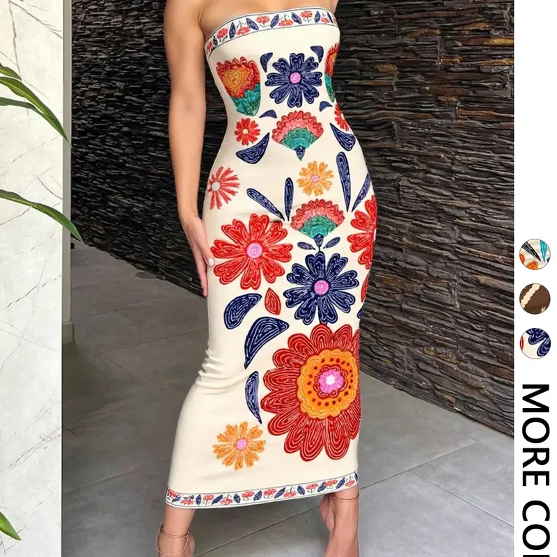Women's Boho Style Long Dress, Colorful Floral Print Strapless Neck, Bodycon Bodycon Party Gown, Date Night Dresses, Summer Vacation Wear, Elegant Evening Dress