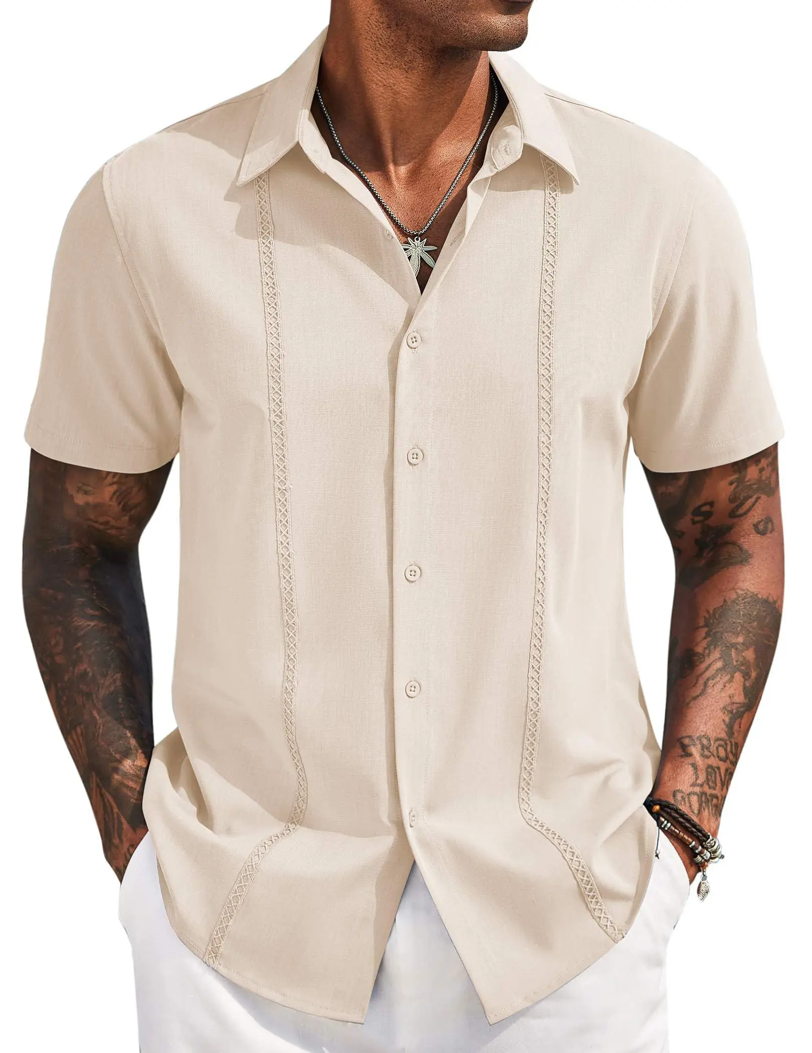 COOFANDY B Mens Cuban Guayabera Short Sleeve Shirt Casual Summer Beach Tops Button Down Untucked Shirts