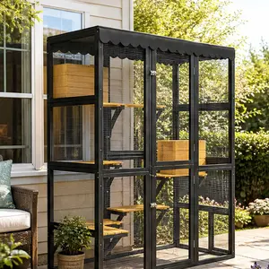 ARCH Large Wooden Catio Outdoor Cat Enclosure for Multiple Cats, Walk-In Cat House with Window Connection, 2 Condos, 5 Platforms, 4 Doors, Weatherproof Roof Cover, Black, Medium Pets, Black Color Options, Wood Material, Modern Style