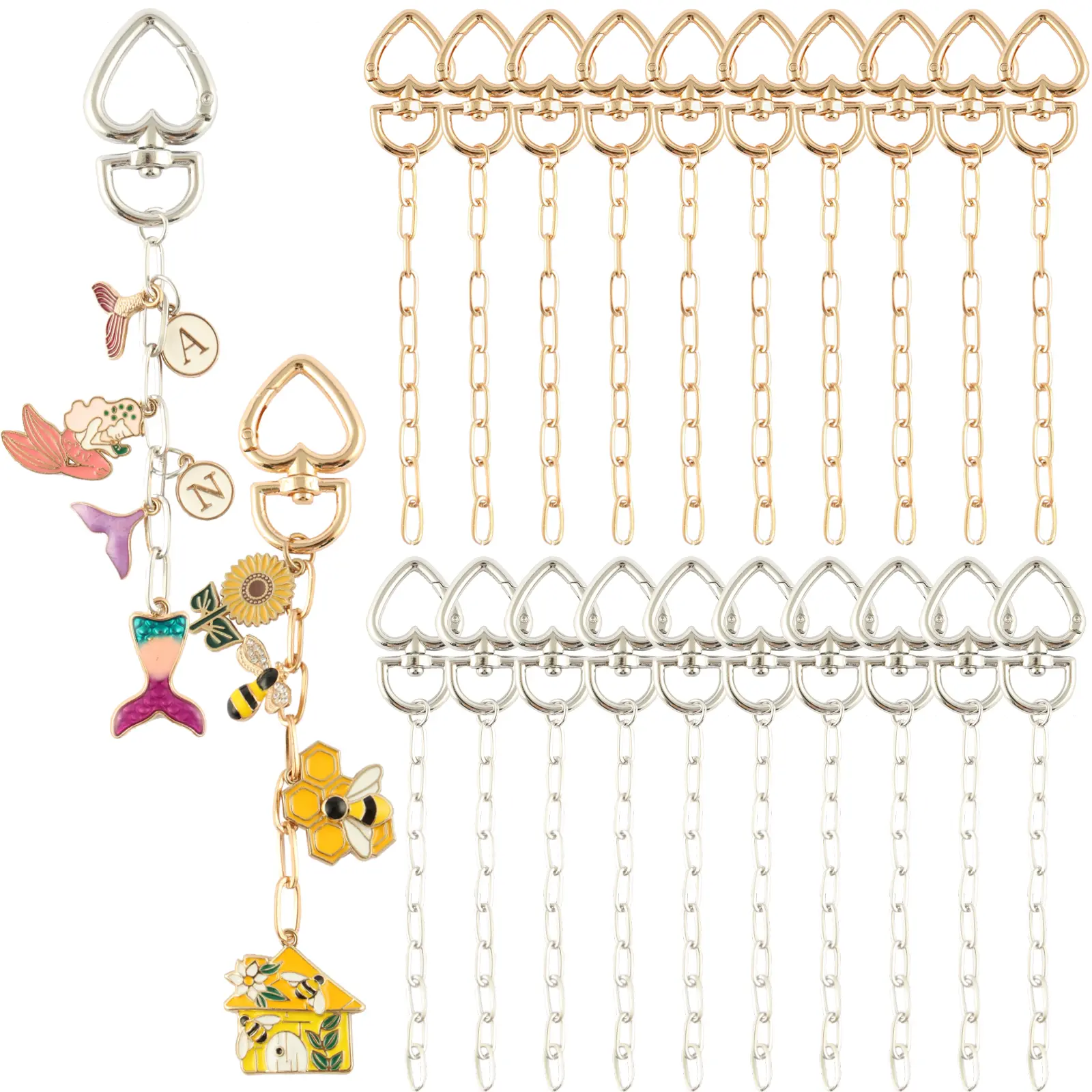 30 pieces - Creative keychain accessories. Includes heart-shaped lobster keychain with extended chain, opening ring. Suitable for DIY craft making of backpack keychain.