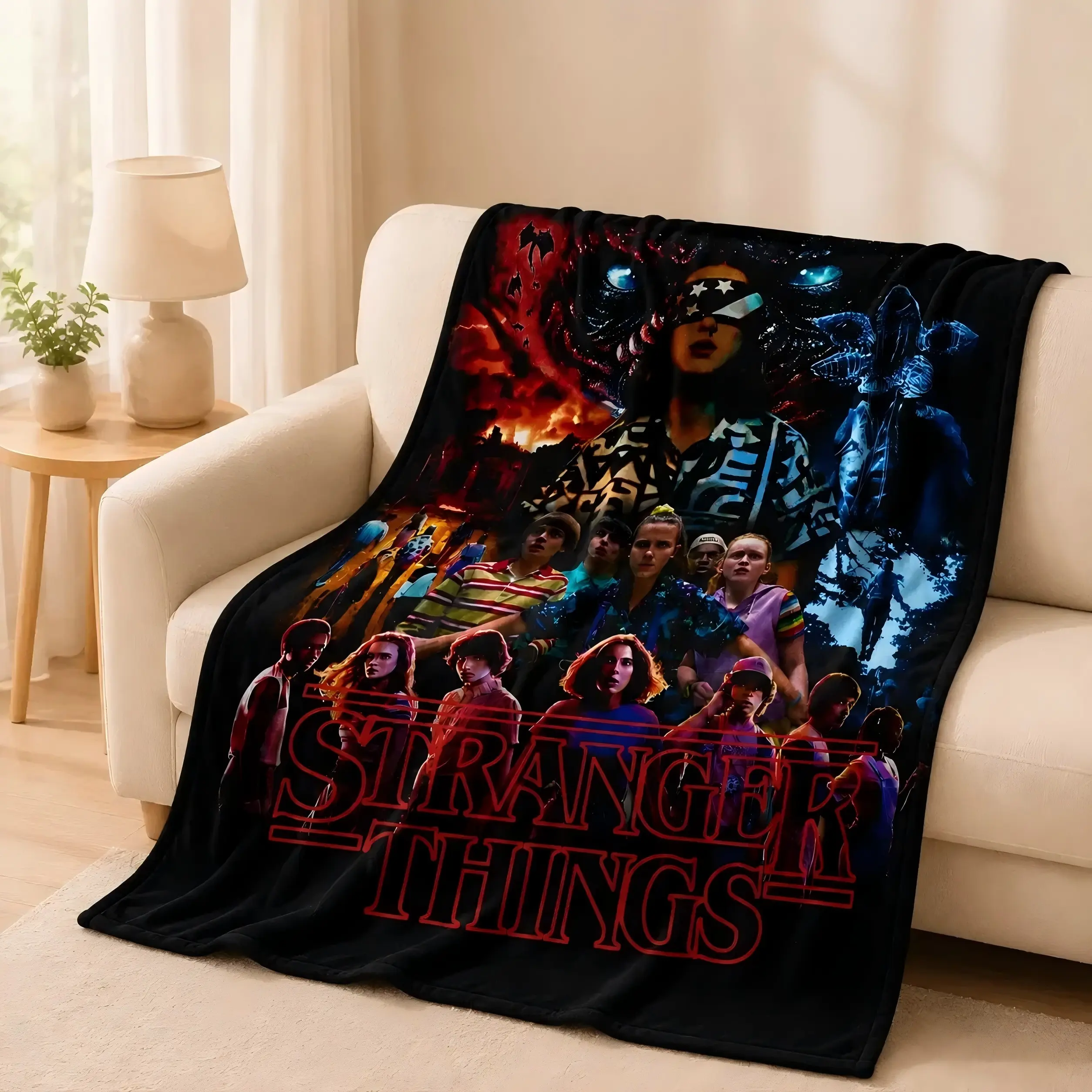 Stranger Things Sci-Fi Thriller Themed Print Blanket - Velvet Soft, High-Density Cozy Blanket for Home Couch, Living Room Decor, Teen Gift with Tree, Dragon, Animal Artwork, Home Lounging