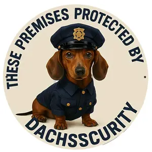 2D Dachshund Police Metal Sign - "These Premises Protected by Dachshund Security" - 7.8 x 7.8in Round Decorative Plaque for Home, Office, Bedroom, Coffee Shop, Garage - Unique Holiday Gift Idea, Office Decoration