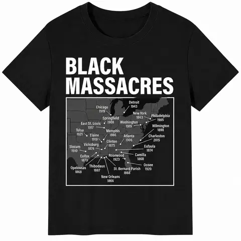 Men's Classic Short-Sleeve Round Neck 220gsm Cotton Graphic T-Shirt - Black Digital Print African American History Massacre Awareness Struggle Theme, Soft Durable Fabric, Sturdy Hem, All-Season Casual Menswear Top