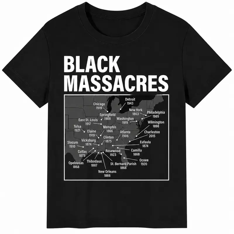 Men's Classic Short-Sleeve Round Neck 220gsm Cotton Graphic T-Shirt - Black Digital Print African American History Massacre Awareness Struggle Theme, Soft Durable Fabric, Sturdy Hem, All-Season Casual Menswear Top