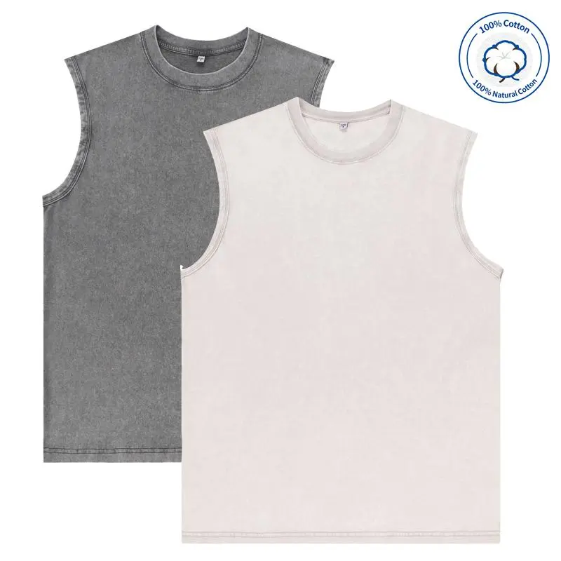 Men’s 2-Pack Distressed Washed Pure Cotton Round Neck Sleeveless Loose-Fit Plain Medium-Length Tank Top - Casual, Retro, Athletic Men's Undershirts, Baggy, Heavy-Duty, Comfortable, Breathable, Moisture-Wicking, Not Easy to Deform, Crew Neck