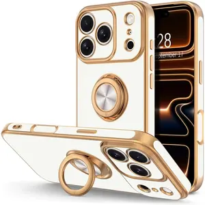 Hython for iPhone 17 Pro Max Case with Ring Stand, 360° Rotatable Ring Holder Magnetic Kickstand, Plating Rose Gold Edge Soft Cover Protective Phone Case for iPhone 17 Pro Max 6.9", White