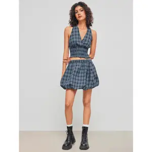 Cider [size 2-10] Mid Rise Check Bubble Hem Mini Skirt