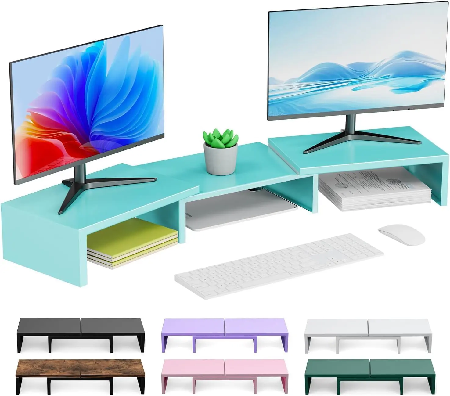 Dual Monitor Metal Computer Desk Stand - Space-Saving Tabletop Mount, Adjustable PC Stand, Office Shelf Riser, Desk Supplies Organizers & Dispensers for Home/Office (Blue)