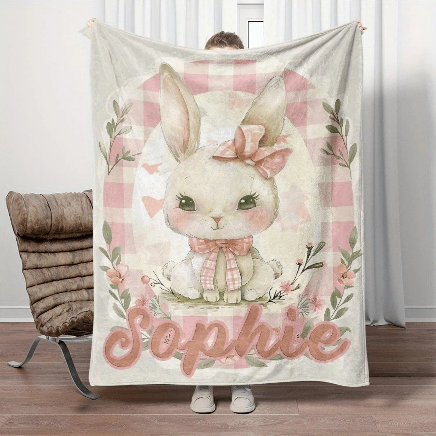 Personalized White Rabbit Blanket with Pink Bow & Floral Design – Soft Flannel Throw for Youngsters, Travel, Camping, and Home Use – Custom Name "Sophie" – Lightweight & Warm Bedding