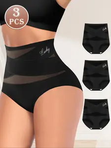 Women's High-Waisted Seamless Thong Panties, Breathable Mesh Cross Design, Butt Lifting Slimming Underwear, All-Season Casual Style