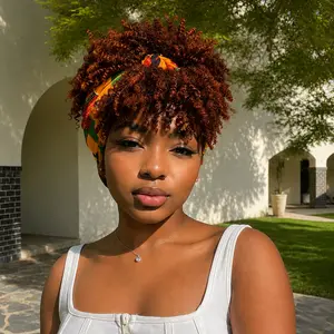 Afro Kinky Curly Headband Wig Short Black Afro Wigs for Women Synthetic Kinky Curly Headband Wig with Bangs for Girls Natural Afro Puff with Bangs Turban Wrap-Wig