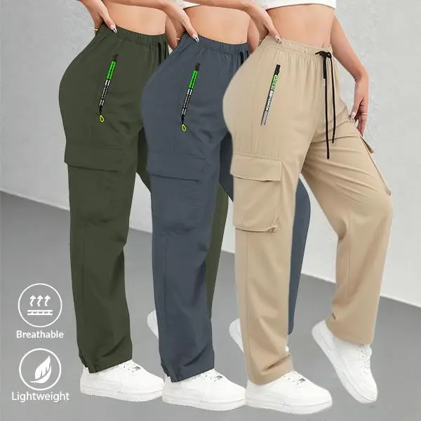 3-Pack Women’s Multi-Pocket Lightweight Summer Sports Pants – Adjustable Drawstring Waistband, Non-Stretch Fabric, Machine Washable Fitness Pants, Soft Skin-Friendly Material with a Smooth Touch, Suitable for Indoor Exercise and Outdoor Activities in Summ