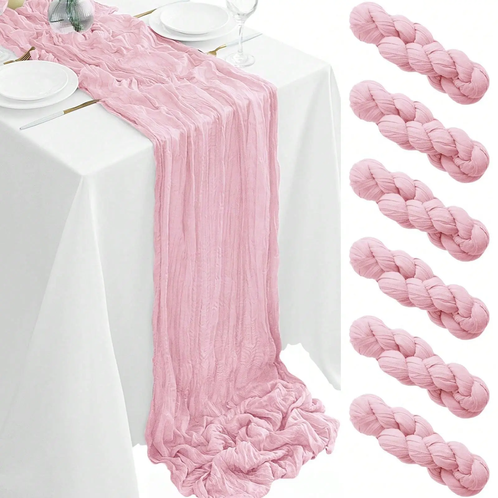 6-Pack Pink & Sage Green Rectangle Cheesecloth Table Runners (35x134 In) - Rustic Boho Home Decor for Wedding Receptions, Dining Tables, Rustic Farmhouse Settings, Rustic Farmhouse Decor