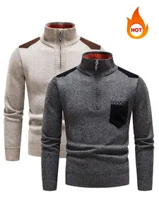 Men's Patchwork Print Half Zip Mock Neck Sweater Pullover, Regular Fit Casual Long Sleeve Jumper for Fall & Winter, Men's Knitwear for Daily Wear, Casual Comfy Pullover