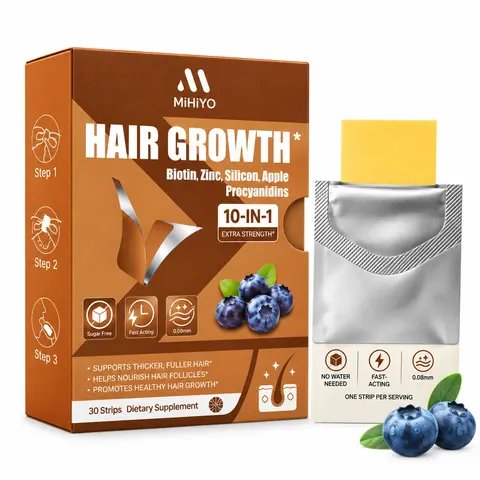 MIHIYO 10-in-1 Sugar-Free Blueberry Hair Growth Strips - Biotin 5000mcg, Zinc, Procyanidins Synergy, Fast Tongue Melt, Max Absorption, 30 Strips, Hair Support