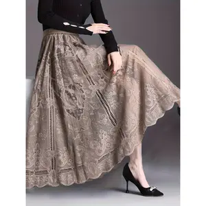 Lace Skirt with a Draped, Hollowed-out A-line Cut, High-waisted and Flared