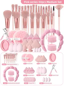 The 50 piece makeup tool set includes a set of 25 makeup brushes, a 3-piece waterproof wash set, a 20 piece makeup powder puff set, as well as a cleaning bowl and eyelash curler