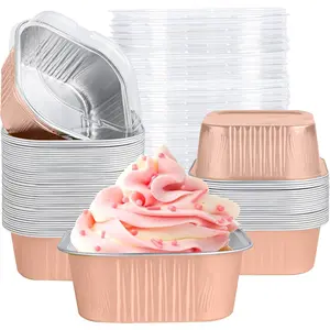 40 Pack Mini Cake Pans with Lids, 5oz Square Aluminum Foil Brownie Baking Cups, Muffin Tin Ramekins, Disposable Dessert Cupcake Cups for Wedding Birthday Party, Champagne