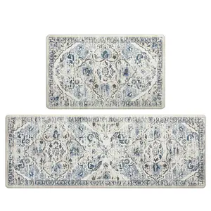 Anti Fatigue Mat Set of 2 Non Skid Waterproof Kitchen Floor Mat Vintage Cushioned Comfort Standing Mat Boho Kitchen Rug Runner for Kitchen Sink Laundry, 17"x47"+17"x28", Blue