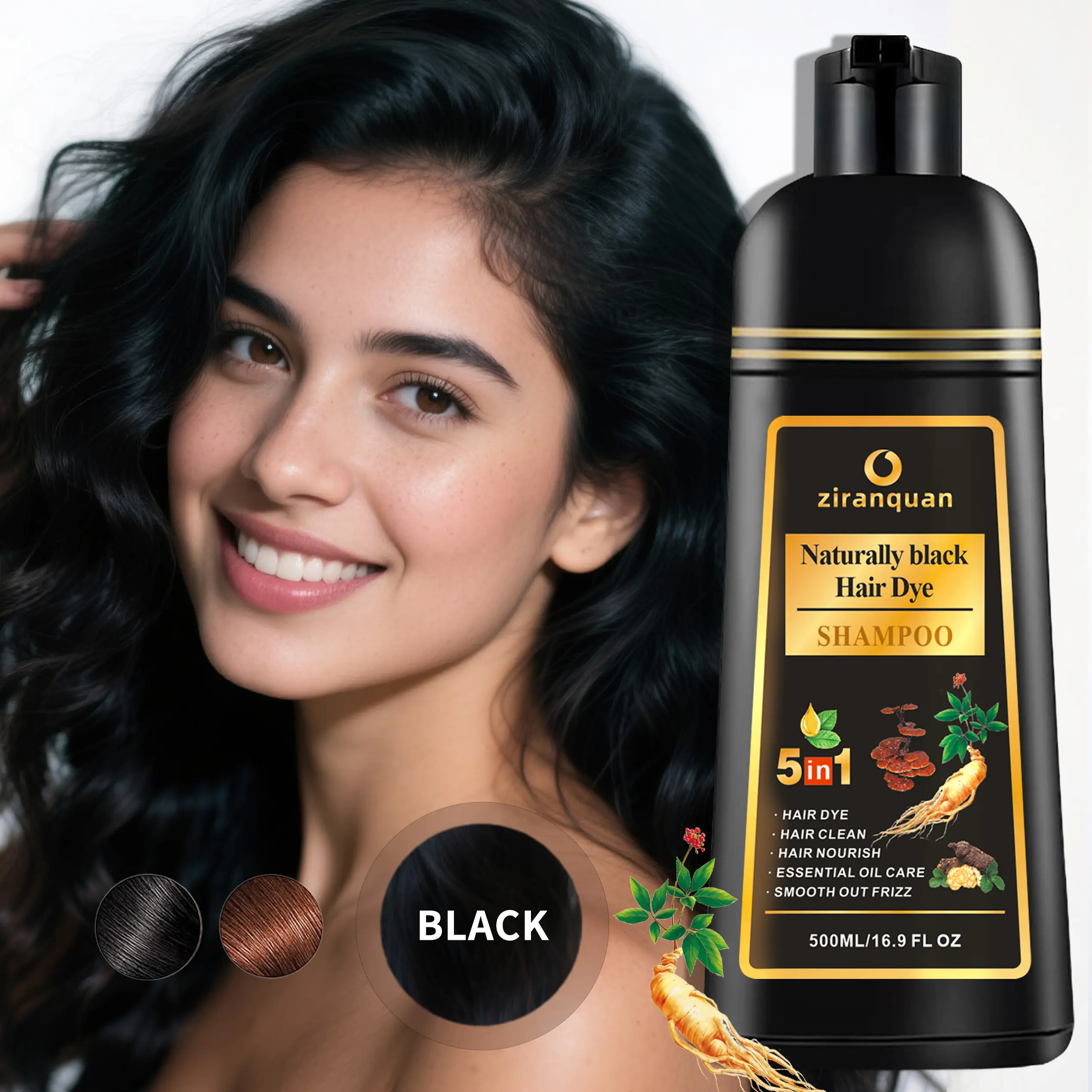 [pintura para cabello]Natural Black 5-in-1 Dye Shampoo | He Shou Wu & Aloe | 30-Min Quick Dye | Beard/Hair Dual Use | Ammonia-Paraben-Free | 500ml