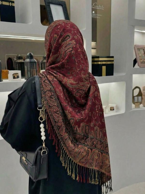 Women's Luxury Paisley Embroidered Shawl Scarf, Boho Style Shawl, Boho Jersey Hijab with Long Fringe, All Seasons Elegant Comfort Wrap Women's Luxury Paisley Embroidered Shawl Scarf, Boho Style Shawl, Boho Jersey Hijab with Long Fringe, All Seasons Elegant Comfort Wrap