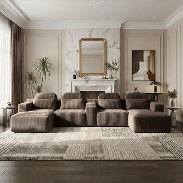 Modern Corduroy U-Shaped 6-Seater Modular Sectional Couch - 145.7in Oversized Hybrid Striped Compressed Sofa with Chaise Lounge, Built-in Cup Holders, Tool-Free Assembly, for Home Theater (Coffee) - Indoor Furniture, Assembly Required