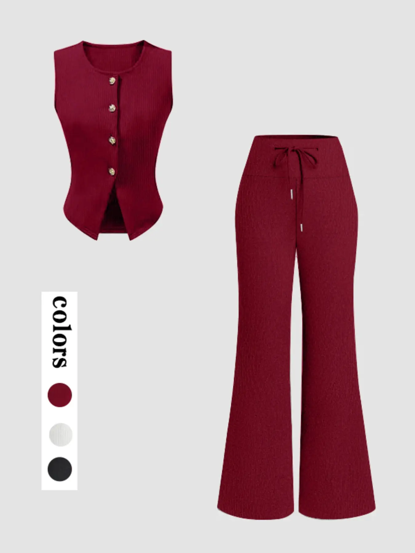 2pcs Sleeveless Metal Button Striped Vest + High Waist Wide Leg Flare Pants Set, Womenswear, Lady, Casual, Slim Fit, All Seasons, Ideal for Pear Shape, Short Stature, Office, Date, Shopping, Clothes