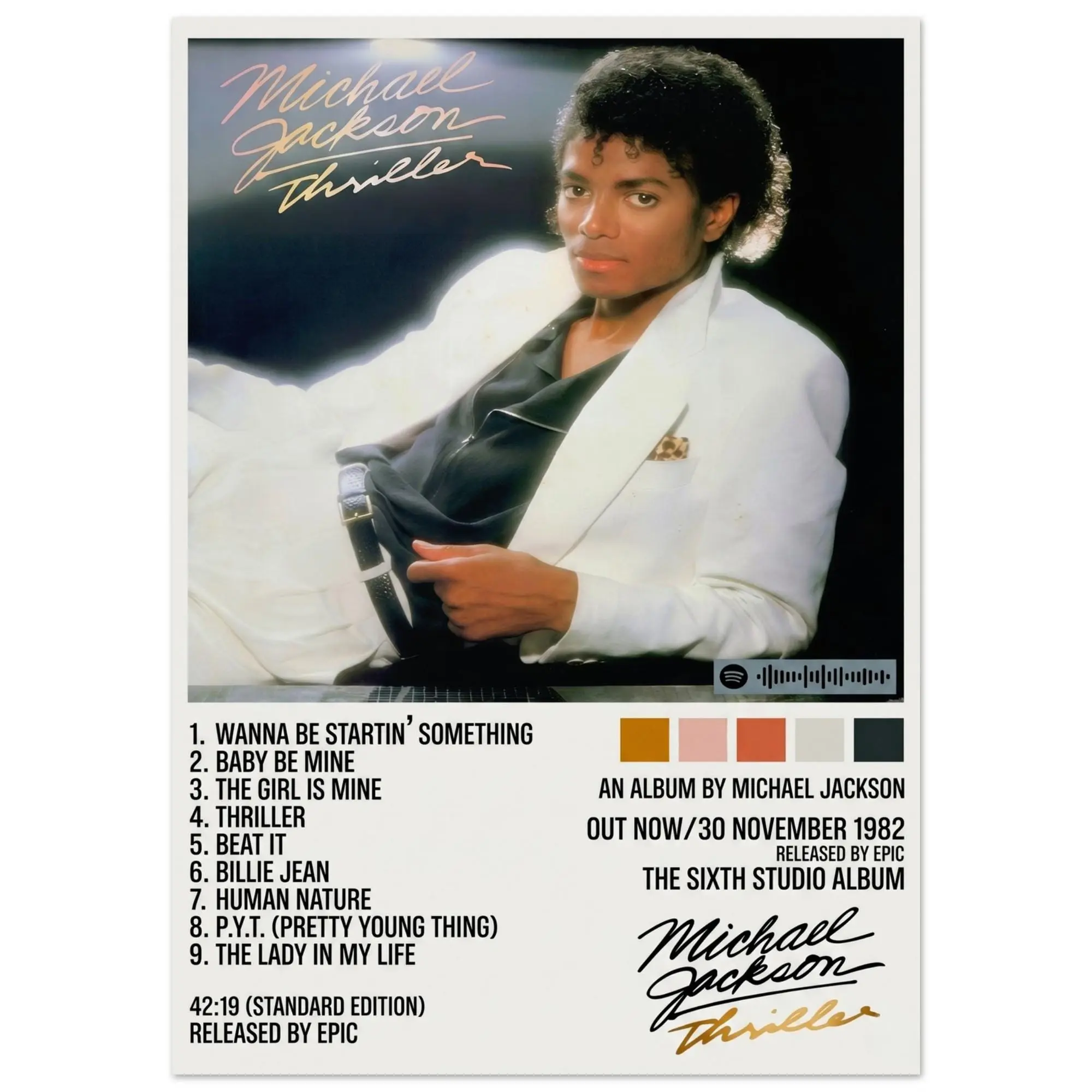 Michael Jackson Thriller Album Tracklist Canvas Wall Art, Vintage 80s Pop Music Poster , Minimalist Album Cover Decor for Bedroom Music Room Apartment, Framed/Unframed Multiple Sizes